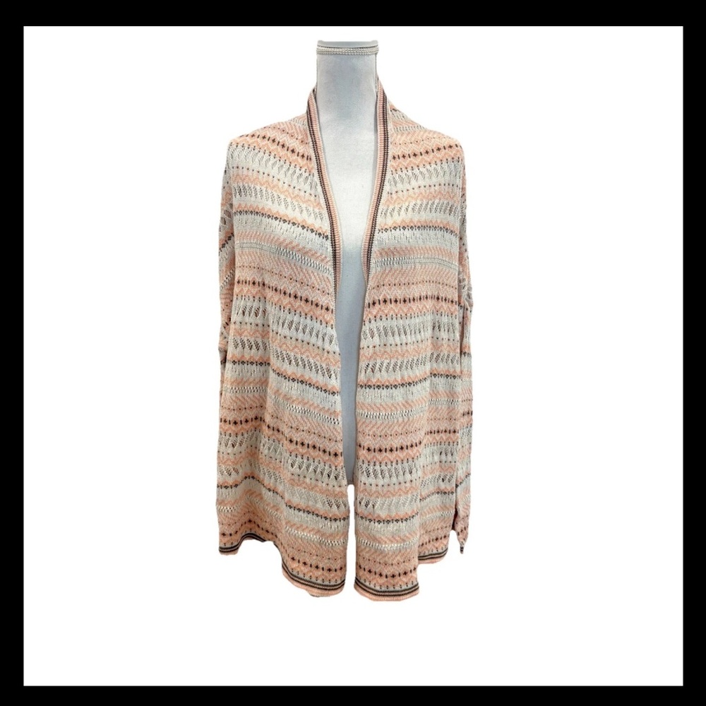 Roxy Peach Cream Striped Open Knit 100% Cotton Cardigan Sweater Size Large